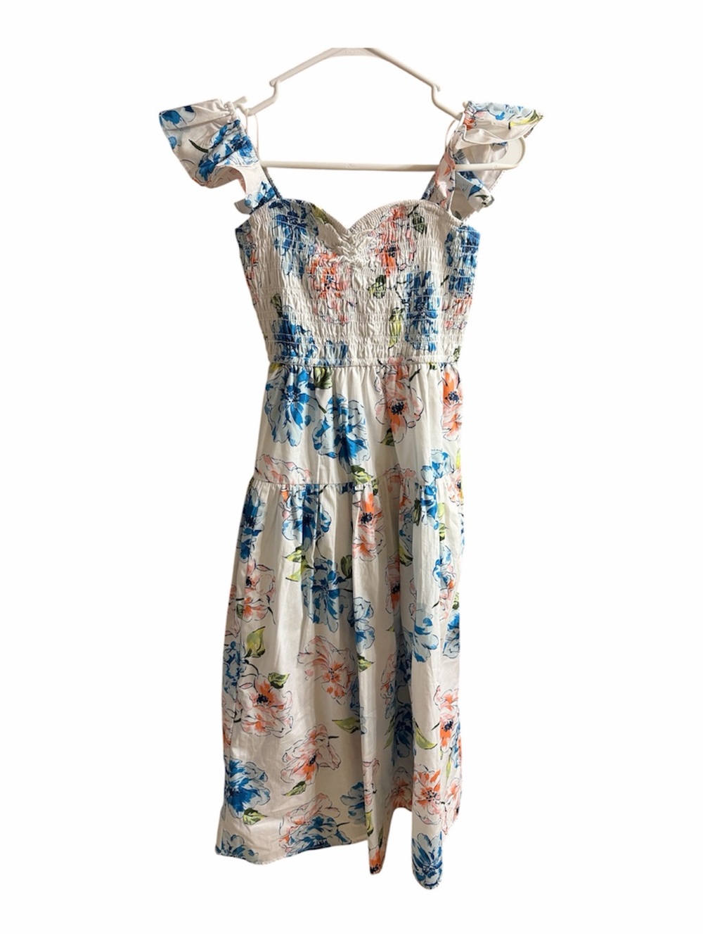 Abercrombie & Fitch White Floral Smocked Midi Dress with sweetheart neckline